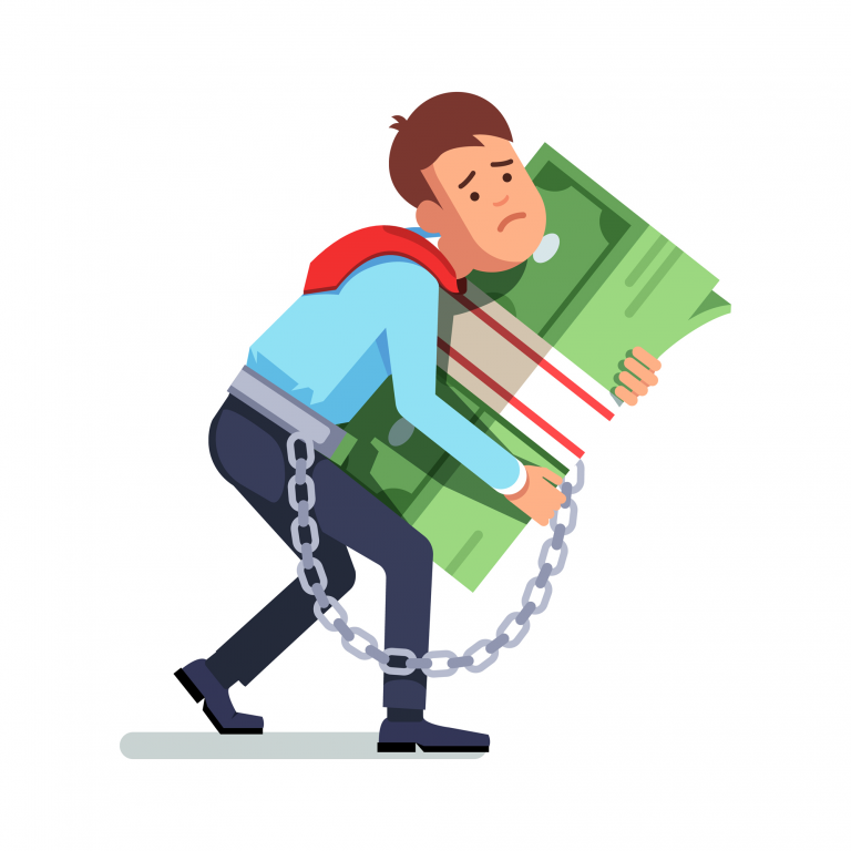 Surendettement - Illustration représentant un homme enchainé à une très grosse liasse de billet qu'il porte à bout de bras, le dos courbé.