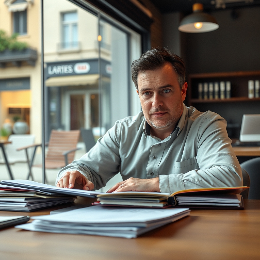Chef d’entreprise étudiant son dossier pendant une procédure collective