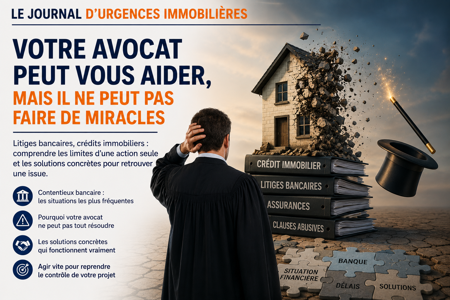 Contentieux bancaire et crédit immobilier : un avocat face à une maison en difficulté, rappelant qu’une procédure juridique ne remplace pas une stratégie immobilière