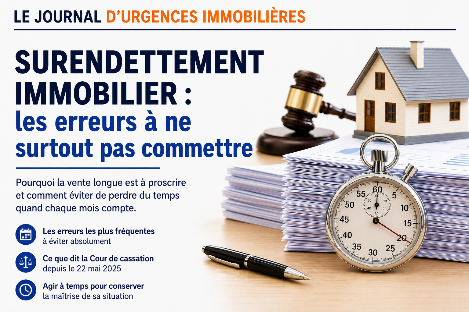 Surendettement immobilier : maison, dossier, marteau et chronomètre illustrant les erreurs à éviter et l’importance d’agir avant l’urgence